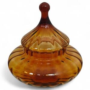 Vintage Empoli Italy Circus Tent Amber Glass Lidded Candy Dish Jar 1960s MCM